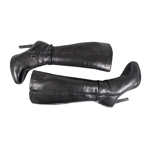 LEVITY! BLACK GENUINE LEATHER PLATFORM, STILETTO, 2 BUCKLE BOOTS! … - Picture 6 of 11